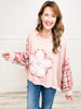 Round neck plaid sleeve floral print top in rib