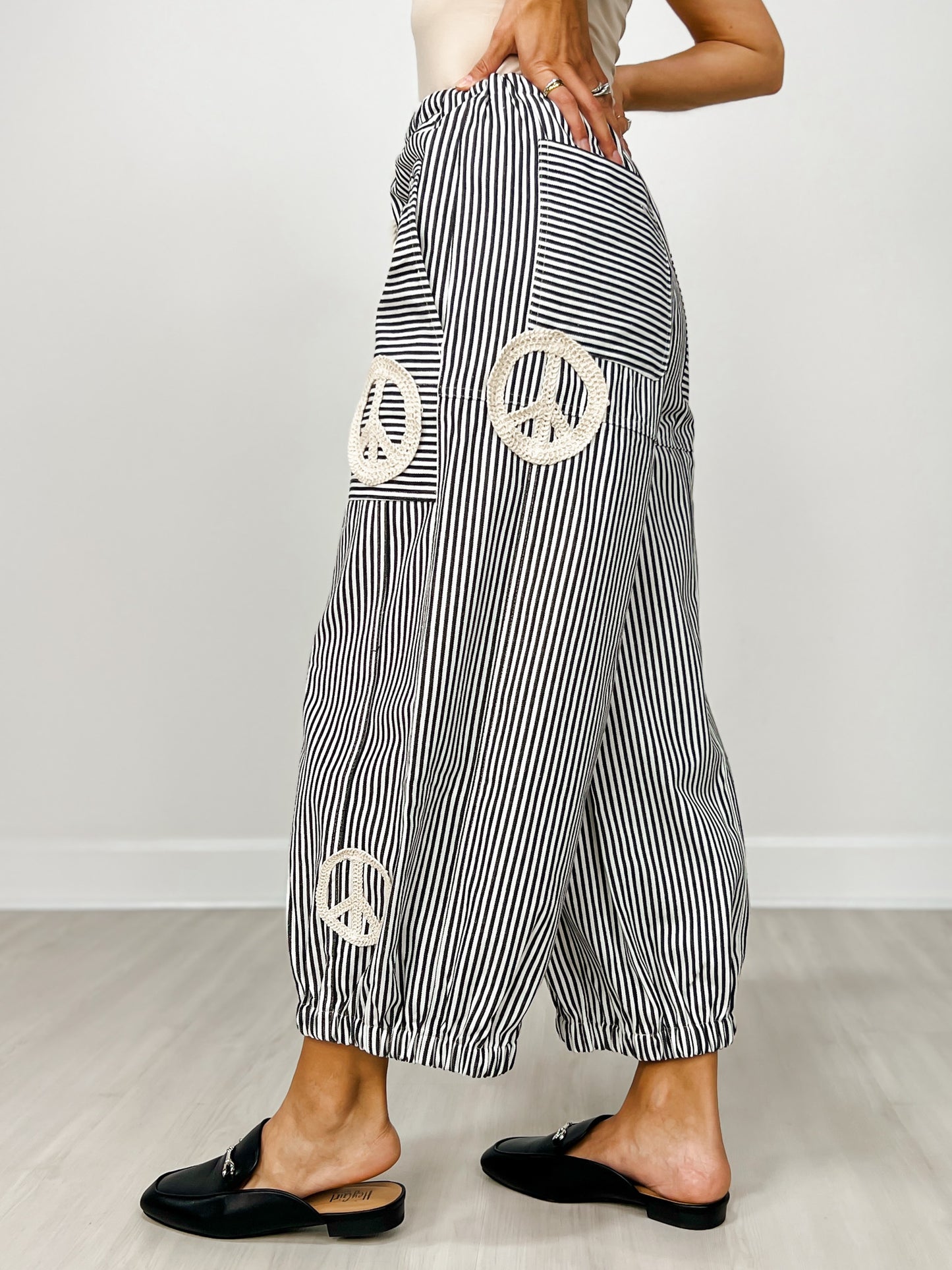 Peace Sign Pinstripe Palazzo Pants
