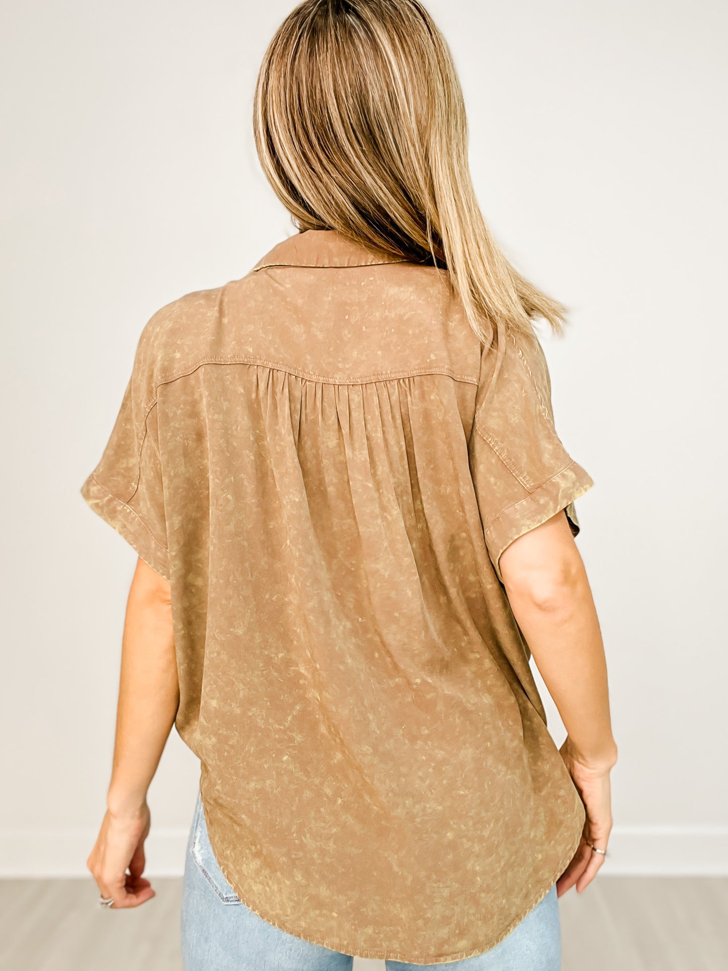 Short Sleeve Mineral Washed Button Down Top