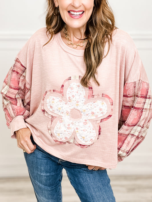 Round neck plaid sleeve floral print top in rib