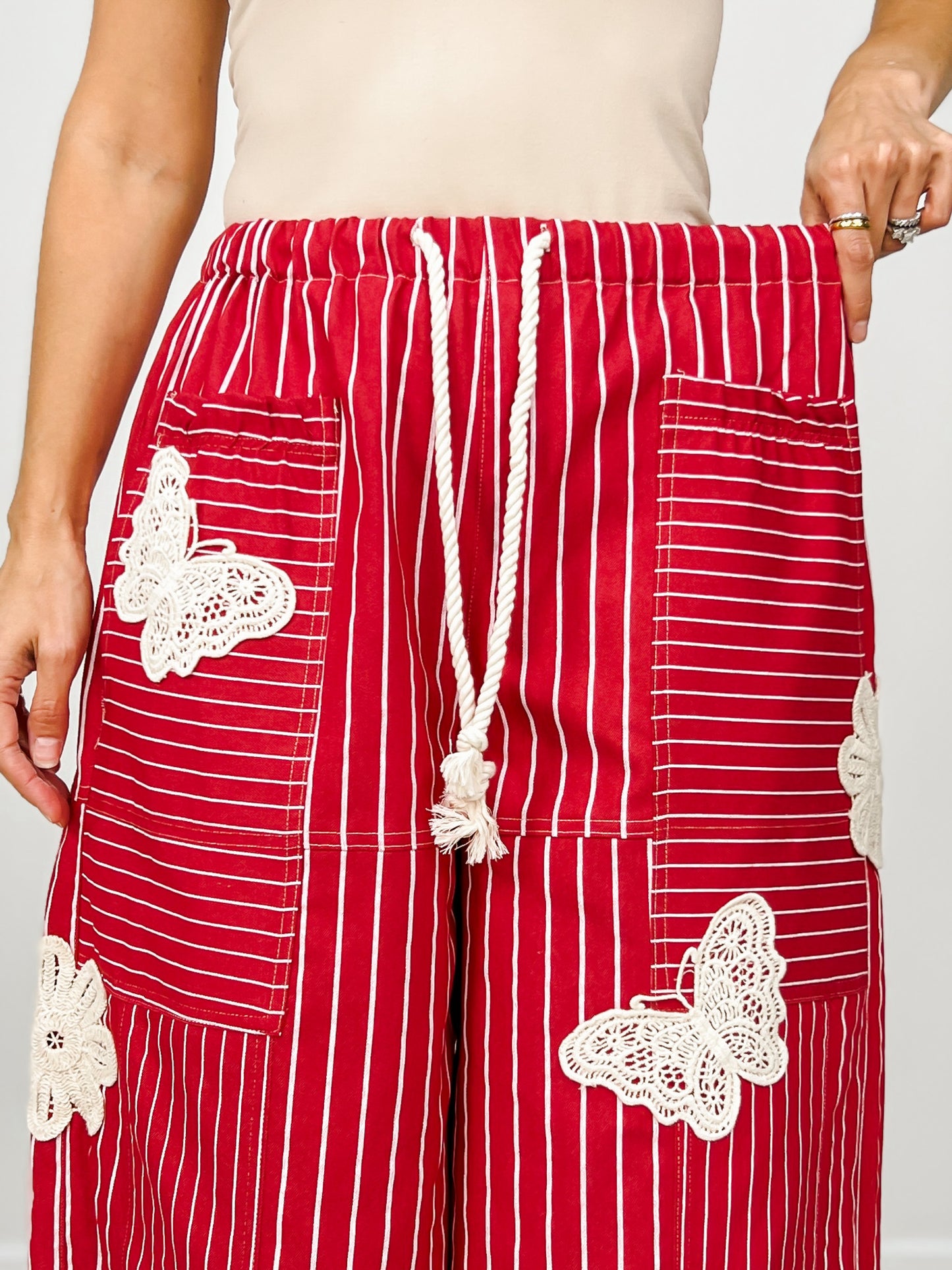 Lightweight Soft Denim Strip Wide Barrel Pants