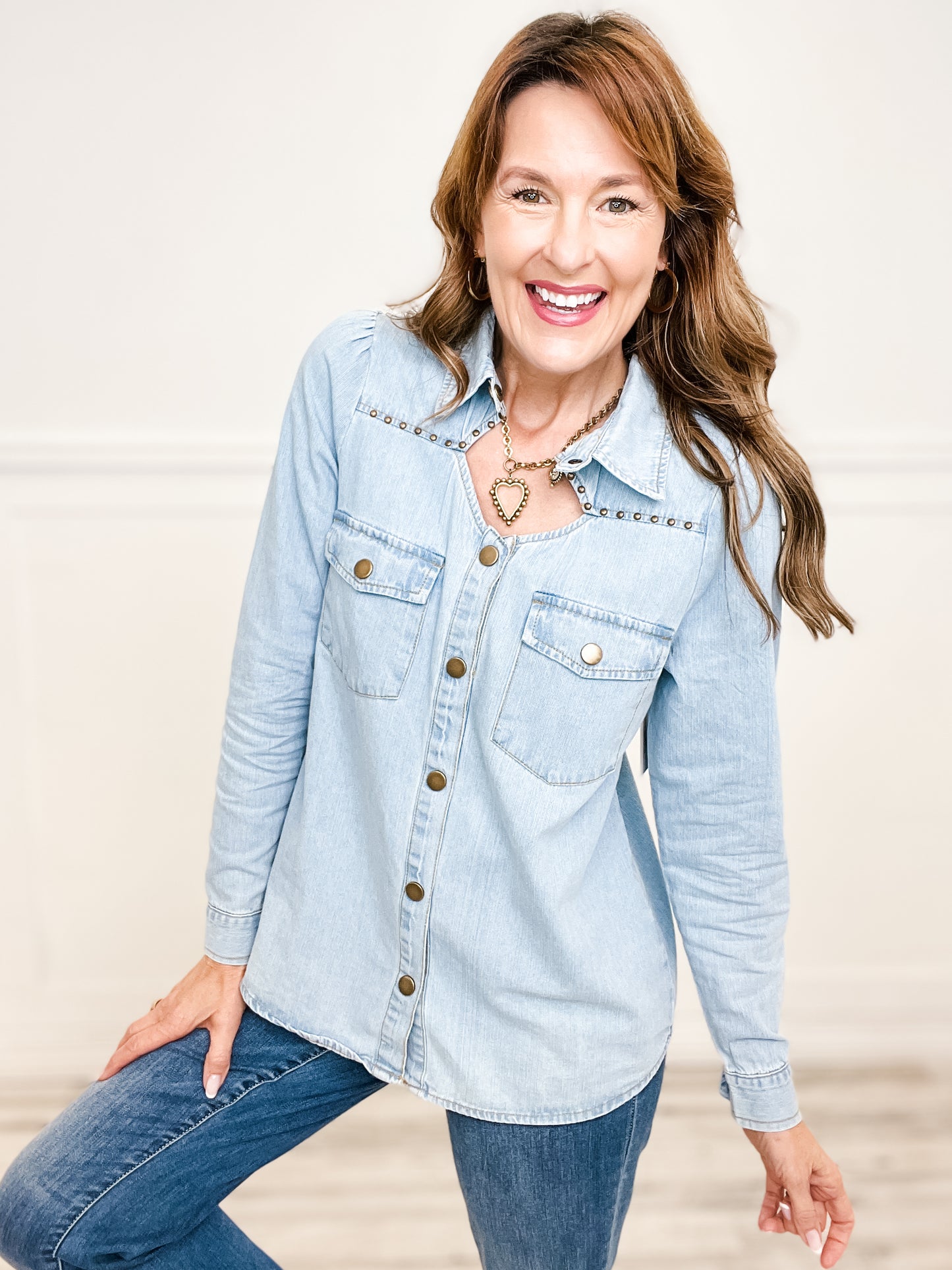 Chambray Cut Out Studded Collard Shirt Blouse