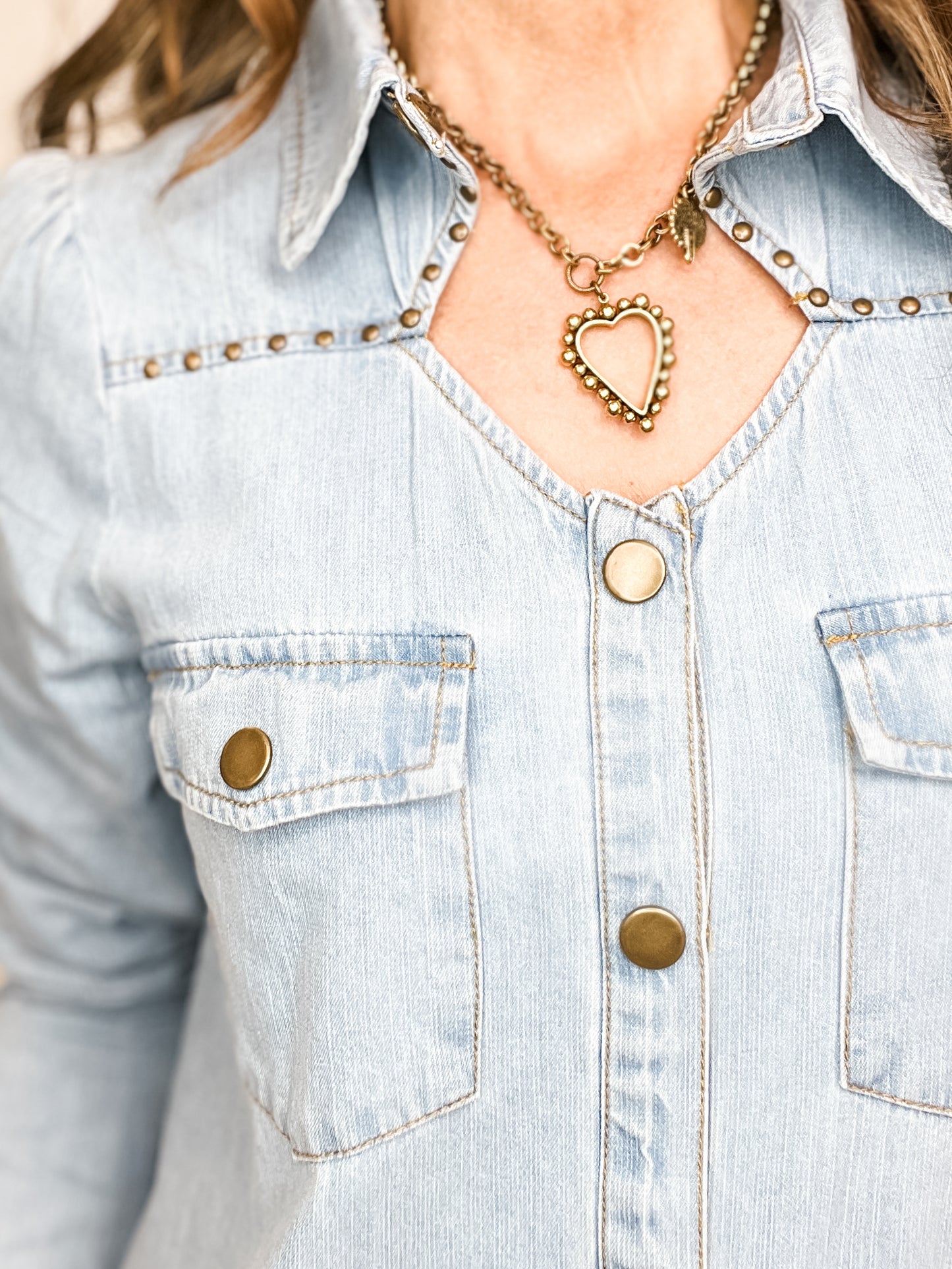 Chambray Cut Out Studded Collard Shirt Blouse