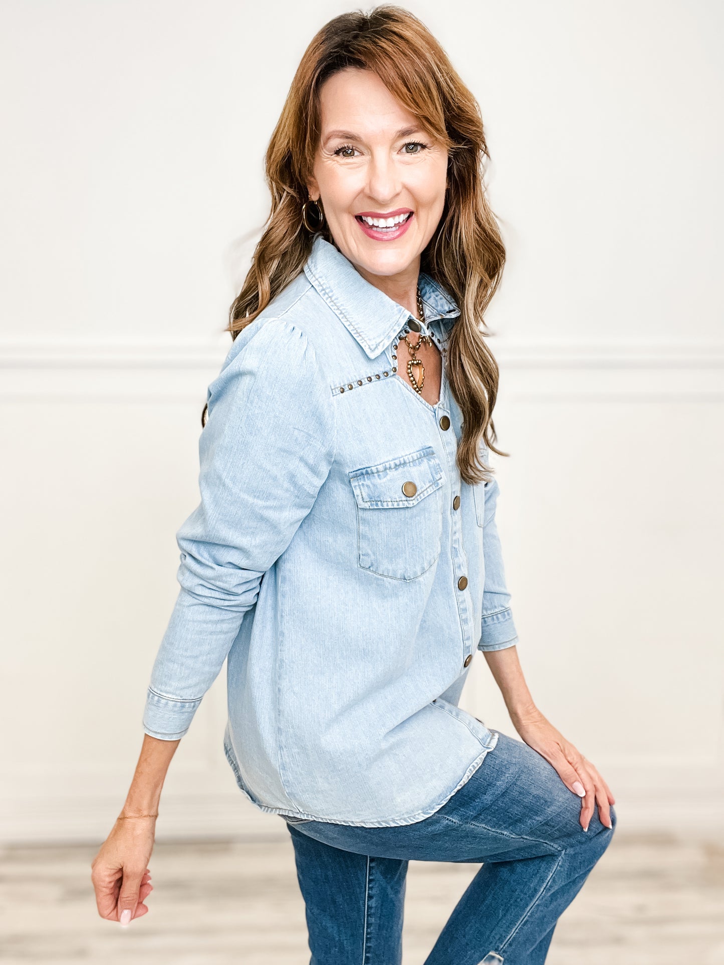 Chambray Cut Out Studded Collard Shirt Blouse