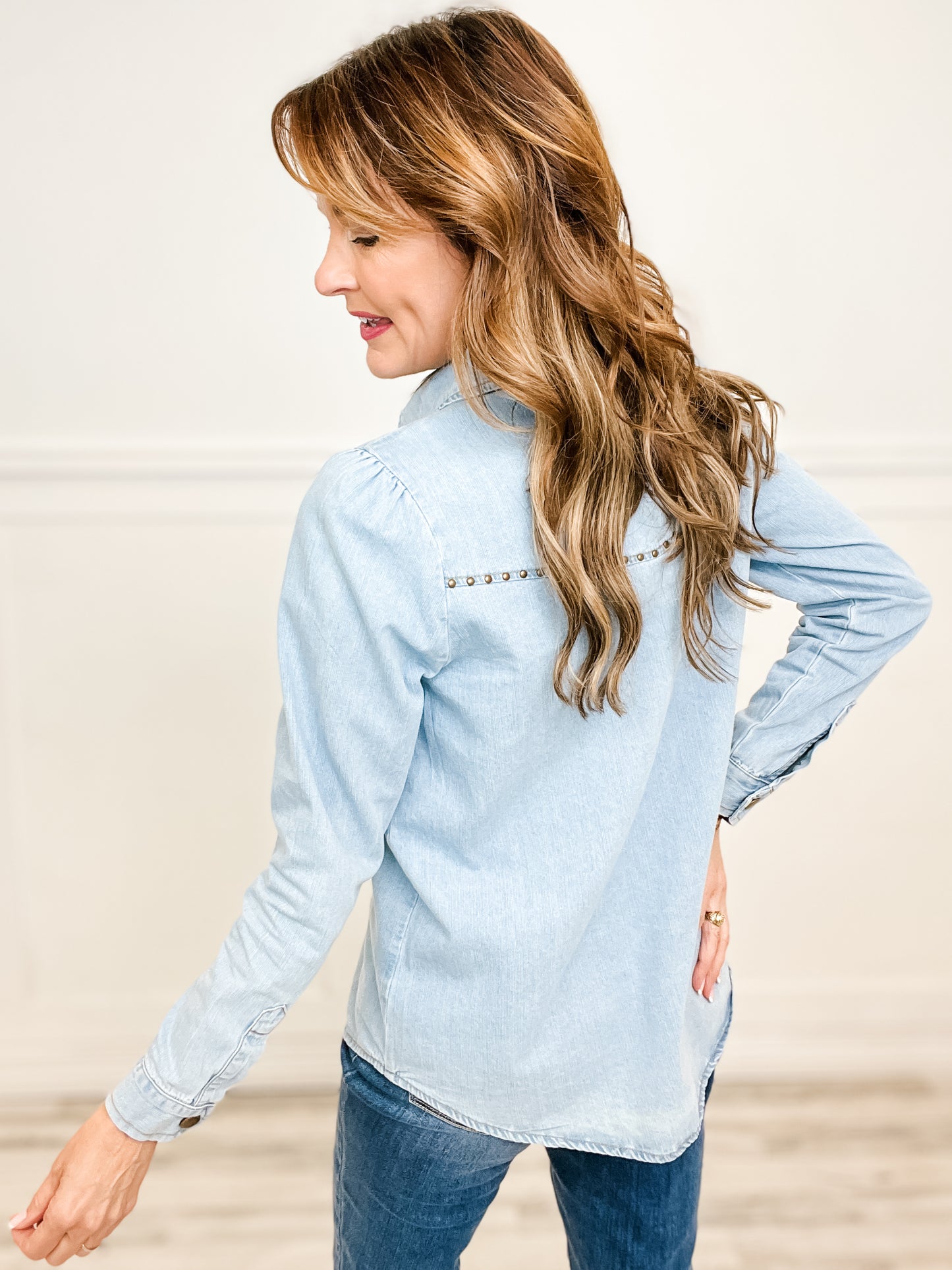 Chambray Cut Out Studded Collard Shirt Blouse