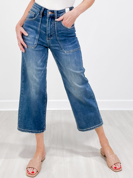 Judy Blue KICKIN IT High Rise Utility Pocket Crop Wide Leg Jeans