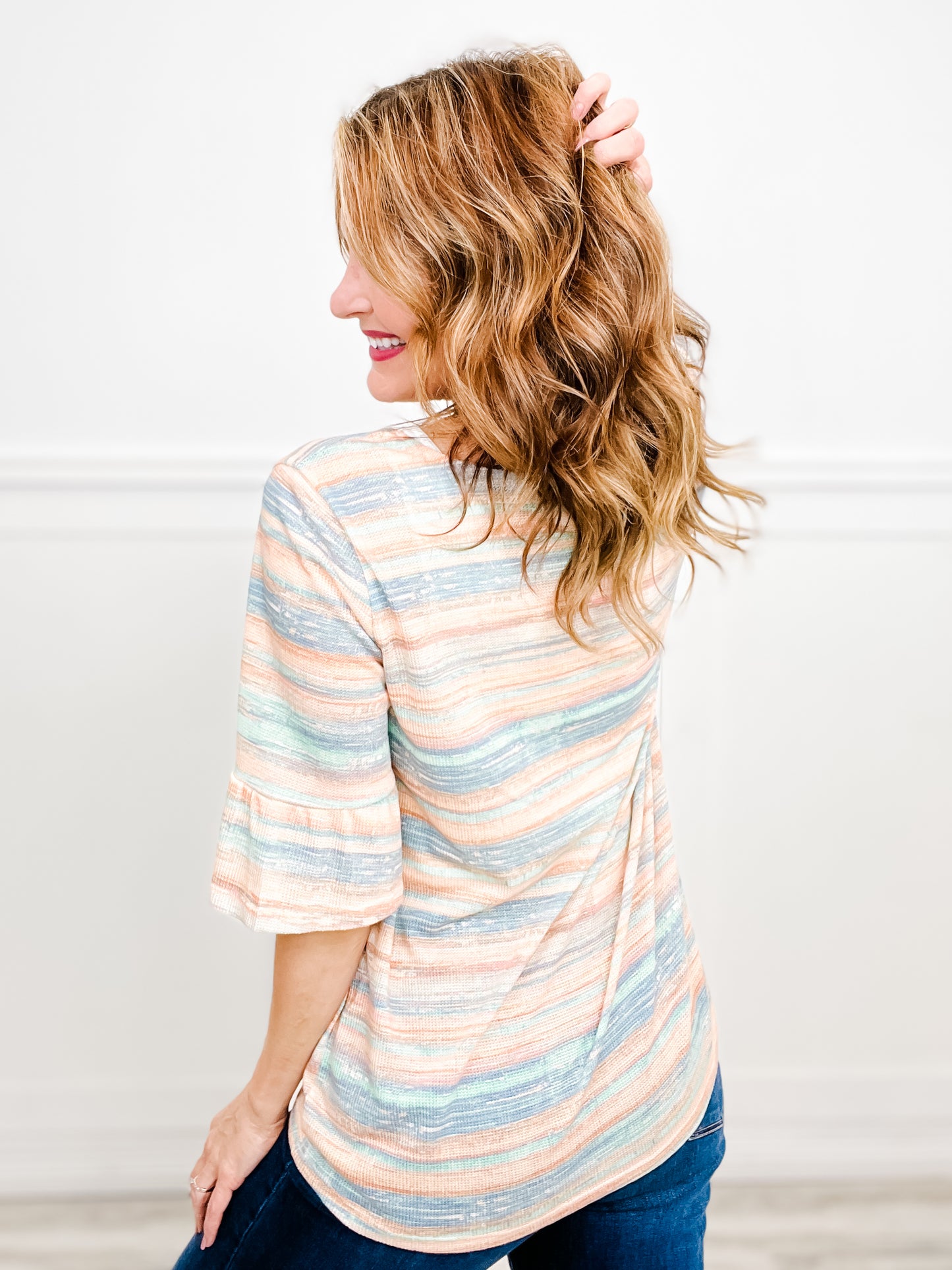 Harmony Horizon Striped Thermal Knit Top with Ruffled Cuffs