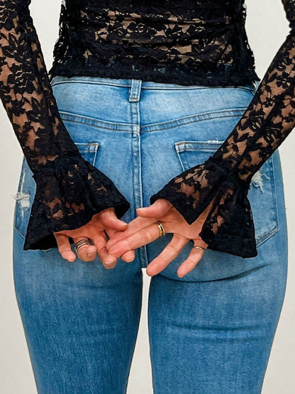 Lace Boat Neck Bell Cuff Sleeved Top