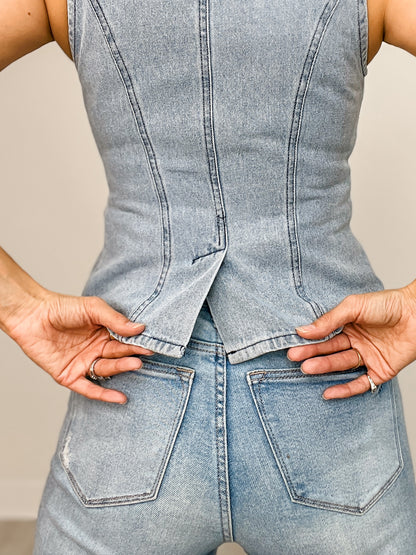 Slim Fit Button Front Denim Vest Top