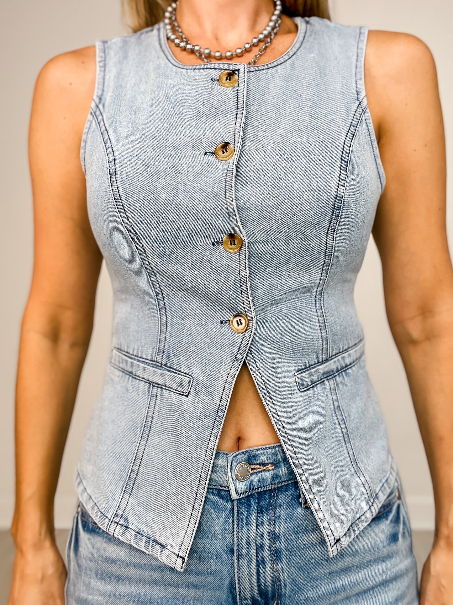 Slim Fit Button Front Denim Vest Top
