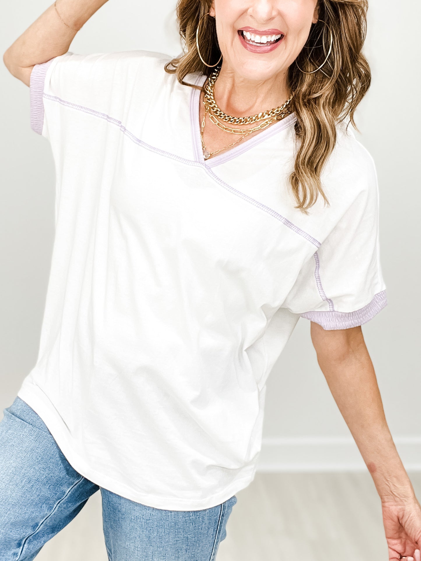 Short Sleeve Cotton Top with Stitch Contrast Details