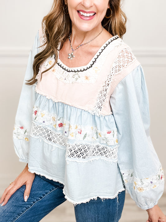 Square Neck Long Sleeve Crochet Trim Denim Top