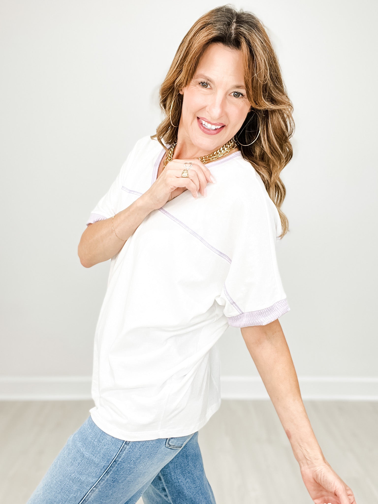 Short Sleeve Cotton Top with Stitch Contrast Details