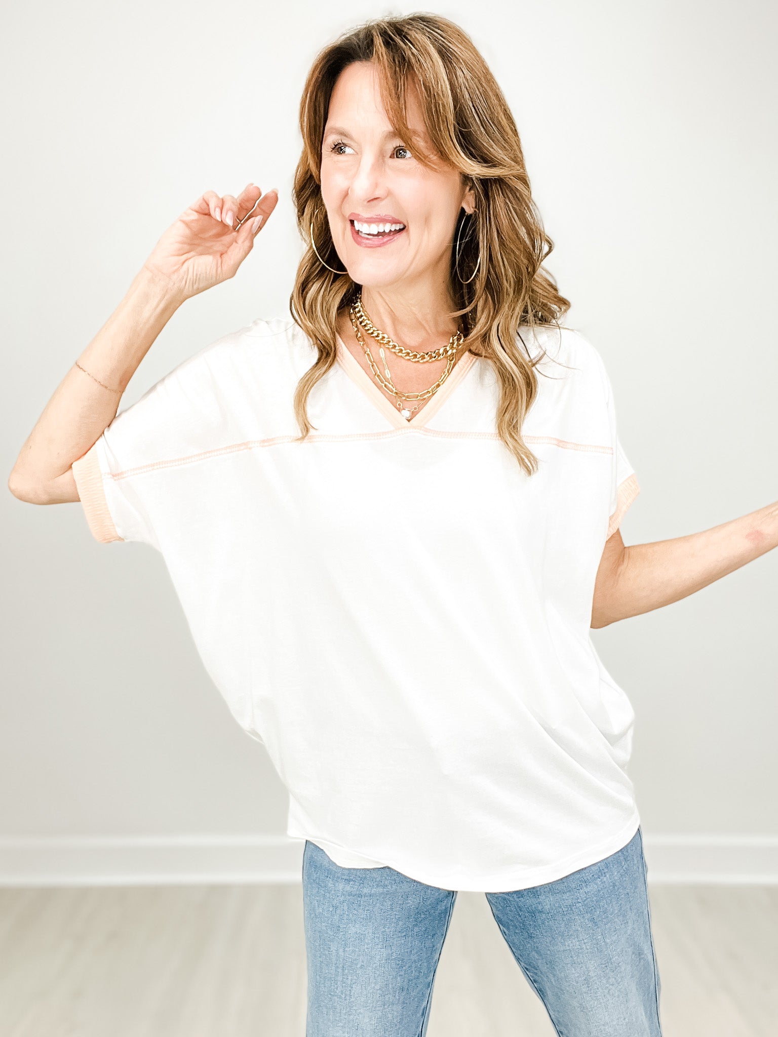 Short Sleeve Cotton Top with Stitch Contrast Details