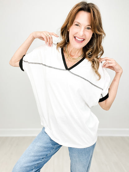 Short Sleeve Cotton Top with Stitch Contrast Details