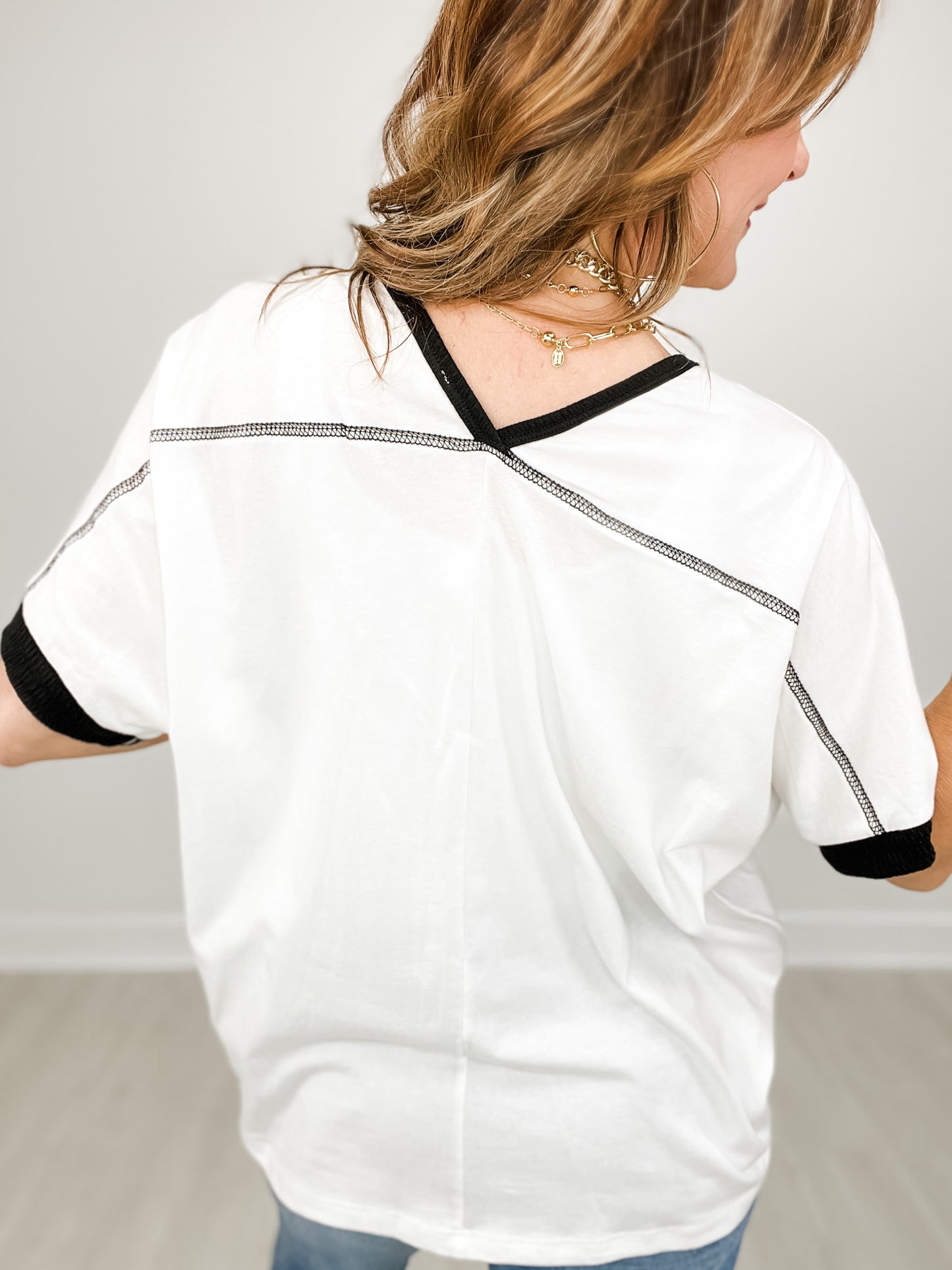 Short Sleeve Cotton Top with Stitch Contrast Details