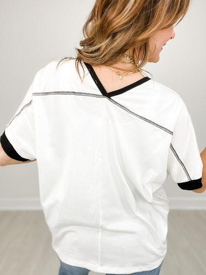 Short Sleeve Cotton Top with Stitch Contrast Details