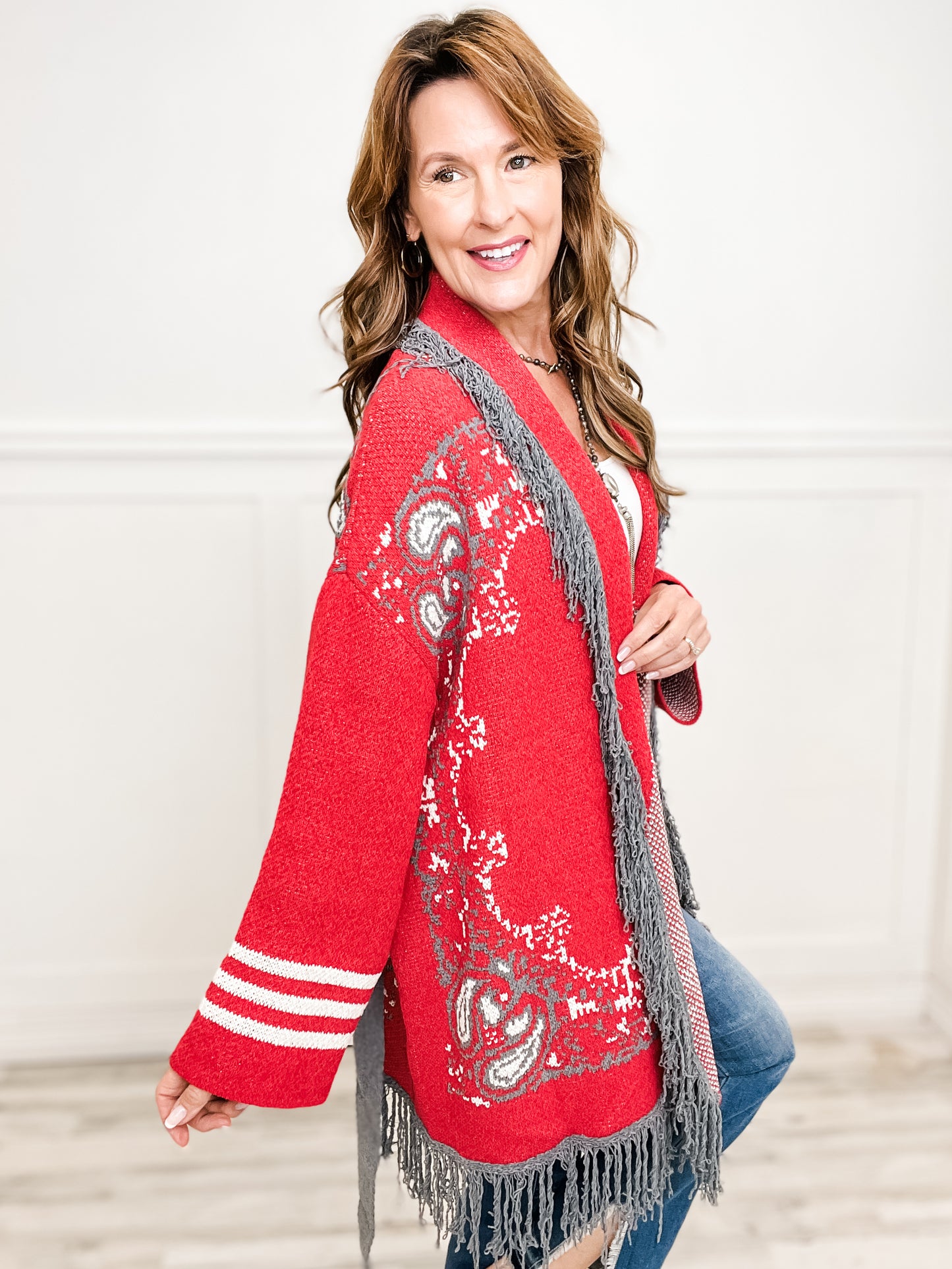 Fringe paisley shawl collar wrapped cardigan