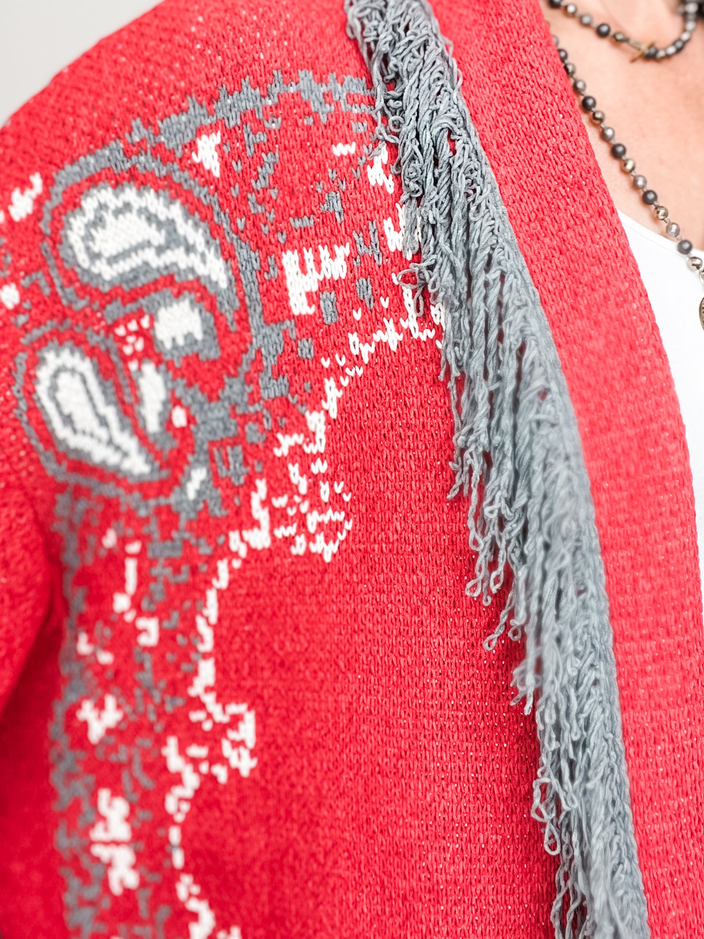 Fringe paisley shawl collar wrapped cardigan