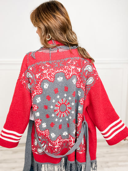 Fringe paisley shawl collar wrapped cardigan