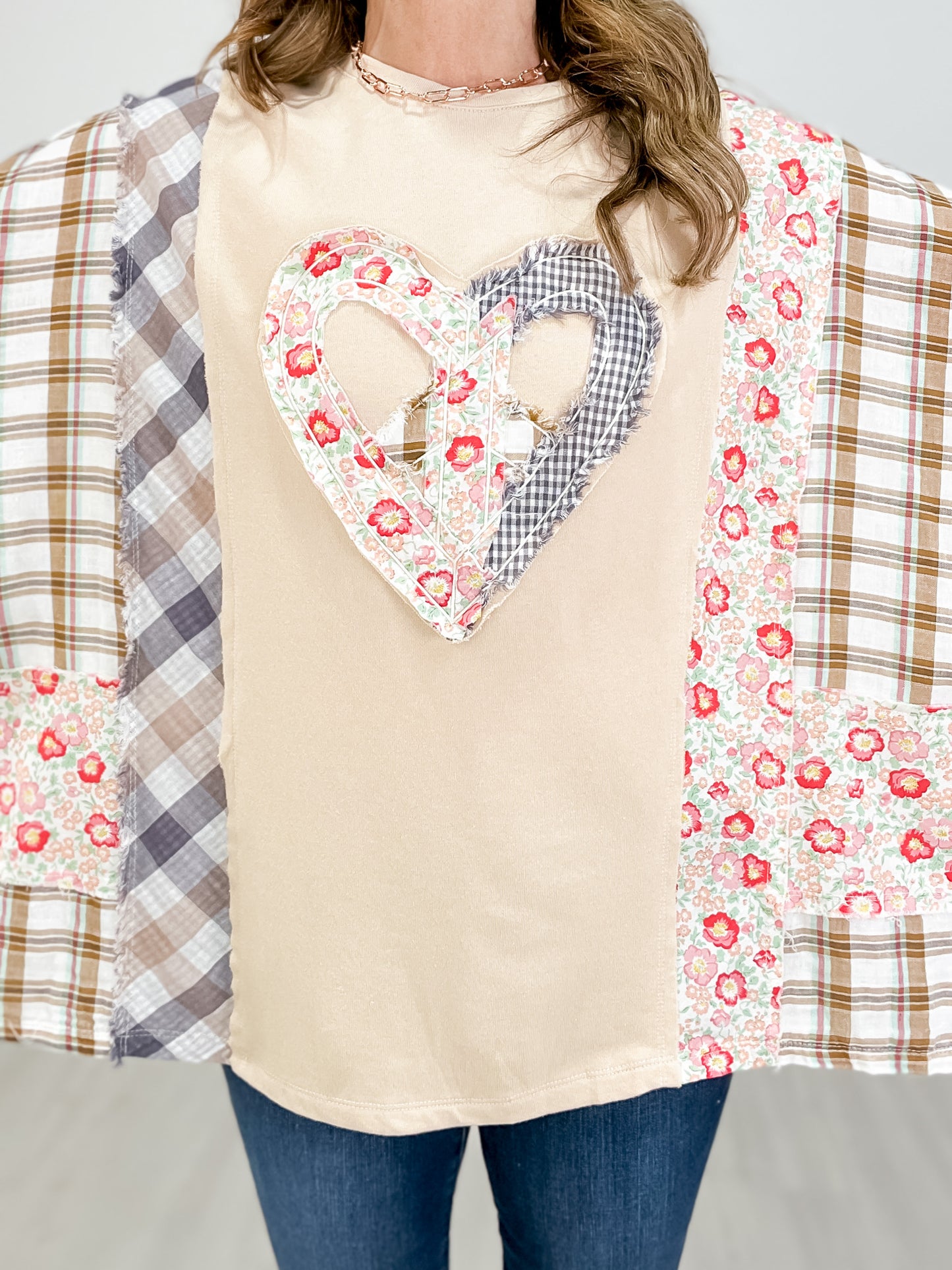 Print Mix Heart Peace Patch Terry Knit Top