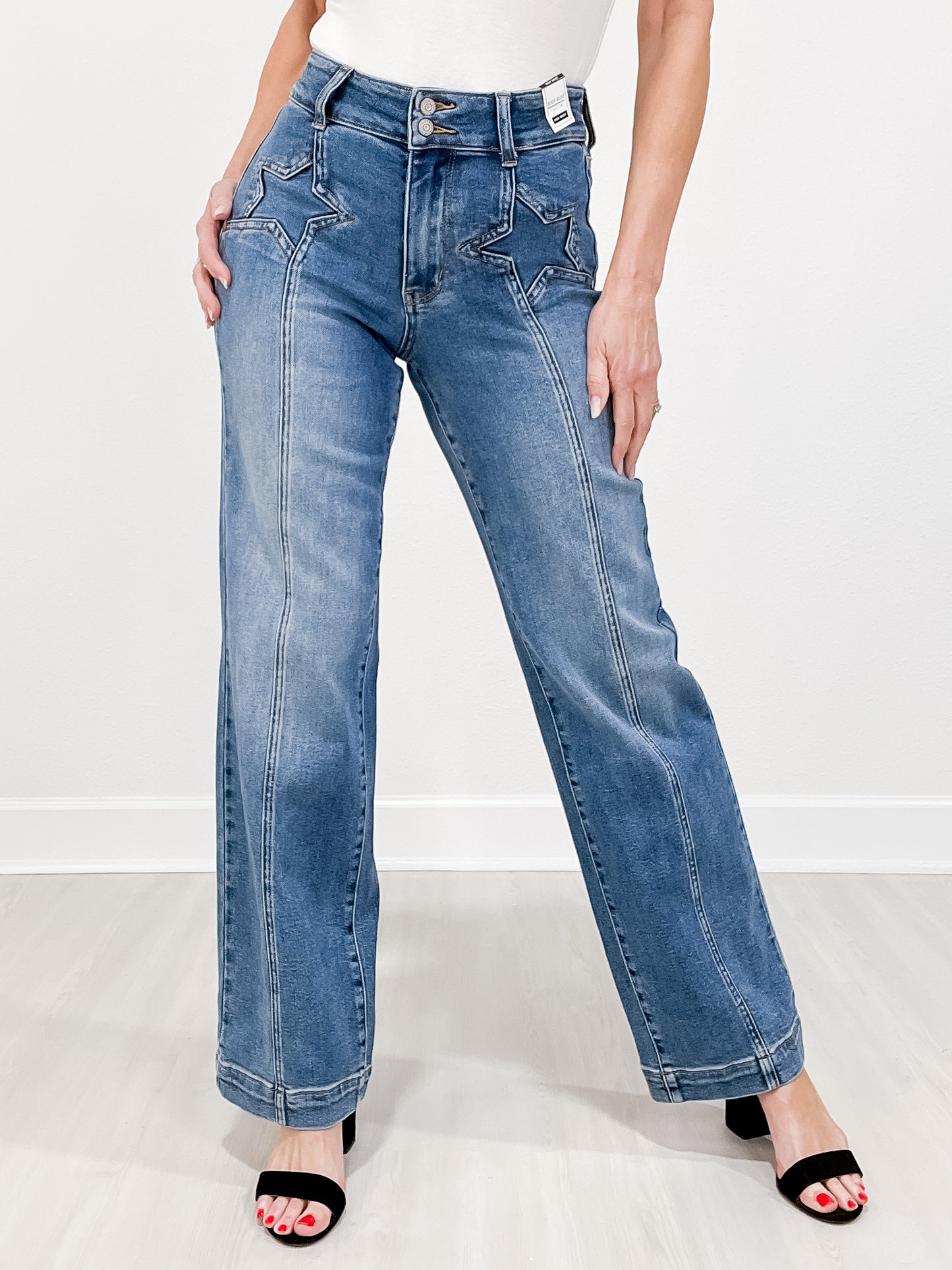 Judy Blue SUPERSTAR Double Button High Rise Star Wide Leg Jeans