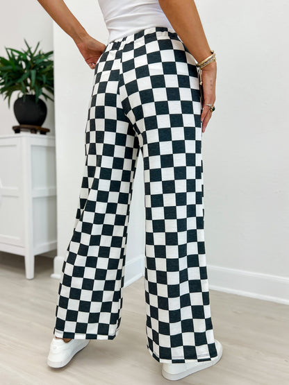 High Waist Checkered Straight Leg Knit Pants-Black/White