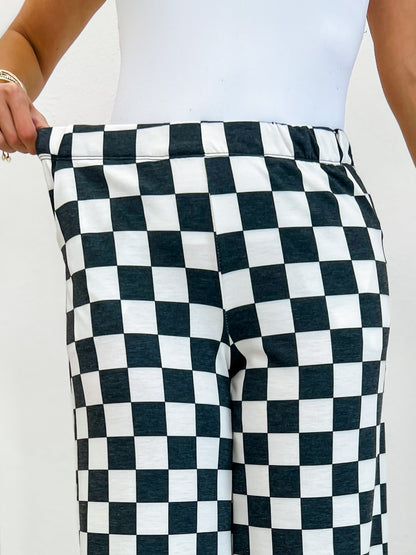 High Waist Checkered Straight Leg Knit Pants-Black/White