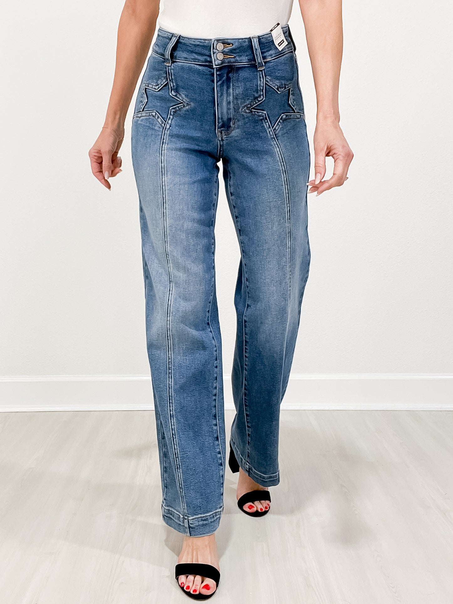 Judy Blue SUPERSTAR Double Button High Rise Star Wide Leg Jeans