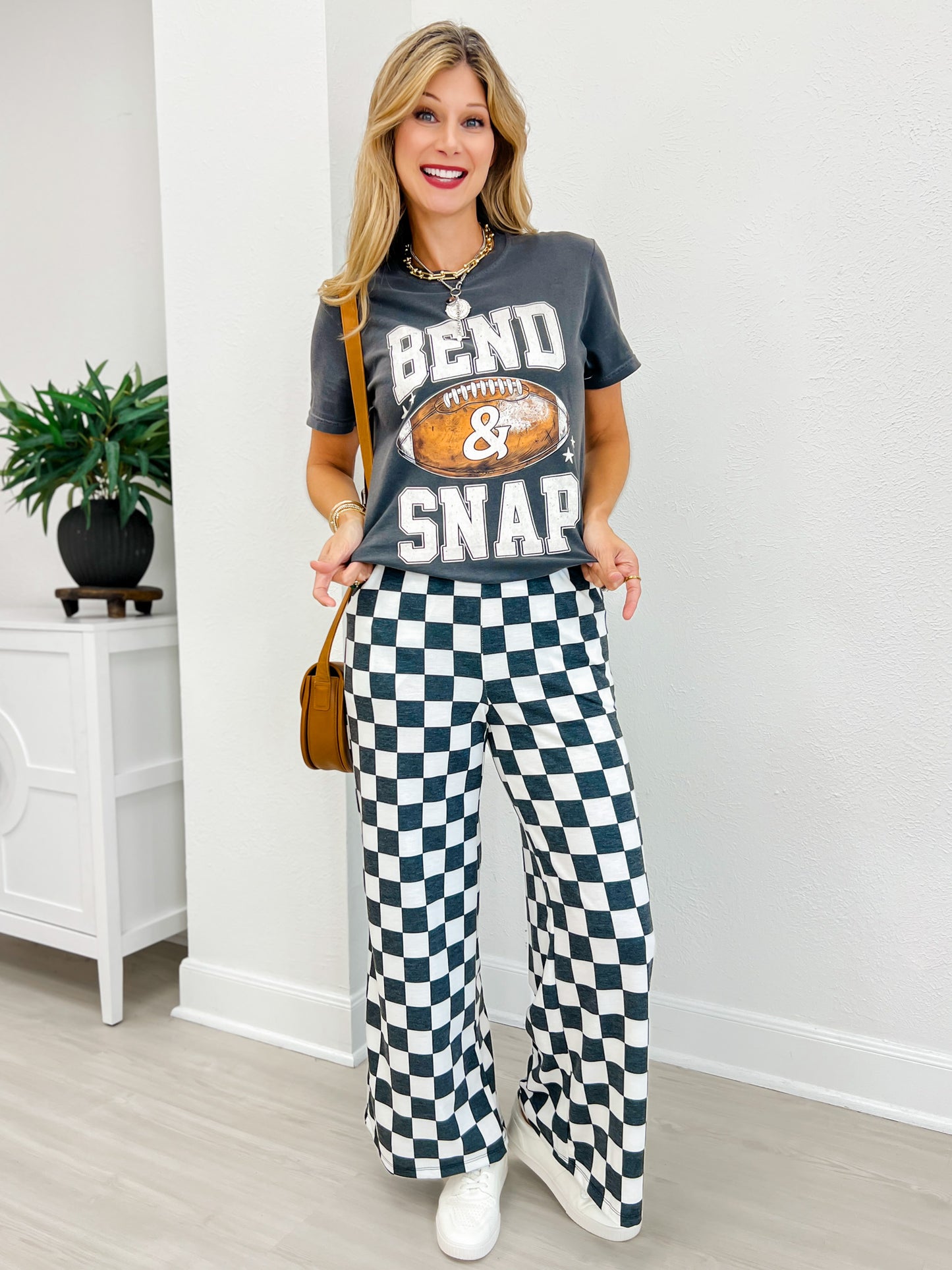 High Waist Checkered Straight Leg Knit Pants-Black/White