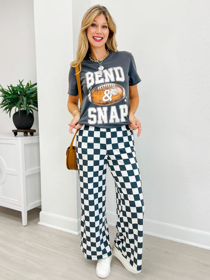 High Waist Checkered Straight Leg Knit Pants-Black/White