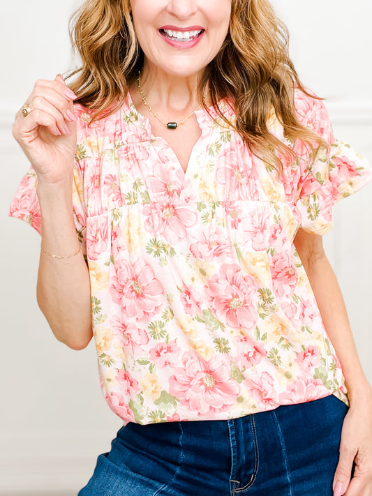 Floral Blossom Jersey Shirred V-Neck Ruffled Top