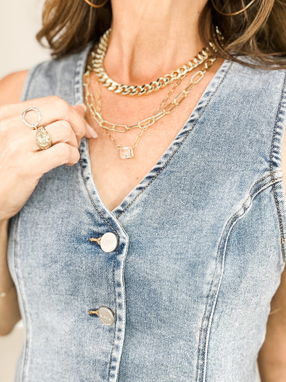 Risen V-Neck Denim Sleeveless Button Down Vest