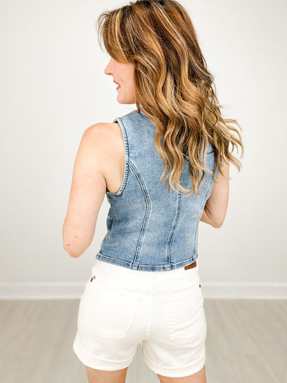 Risen V-Neck Denim Sleeveless Button Down Vest