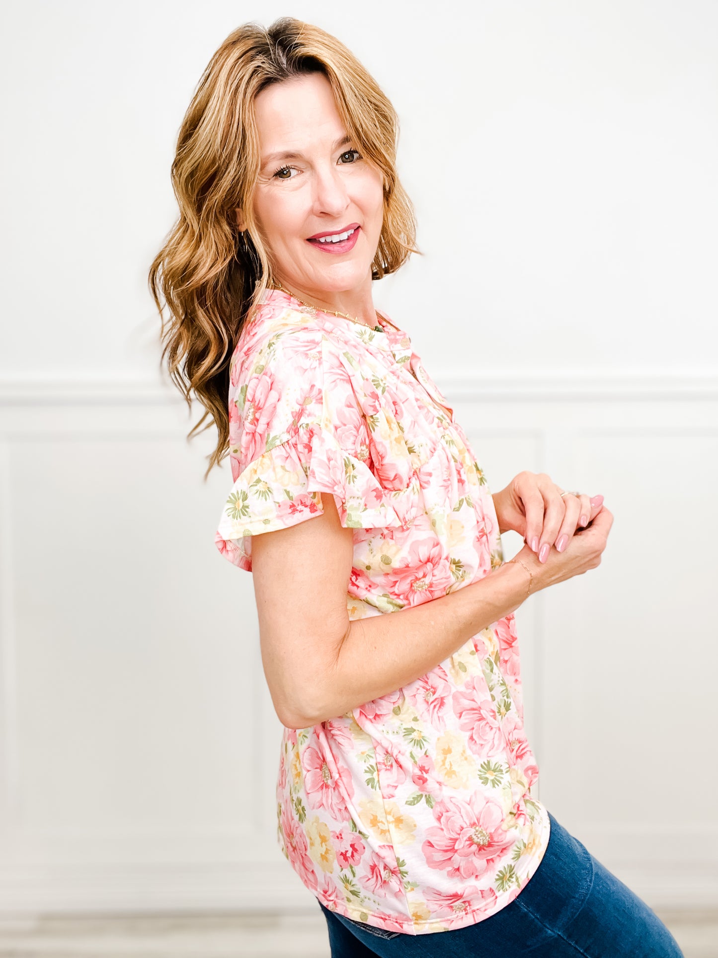 Floral Blossom Jersey Shirred V-Neck Ruffled Top