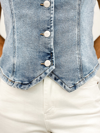 Risen V-Neck Denim Sleeveless Button Down Vest