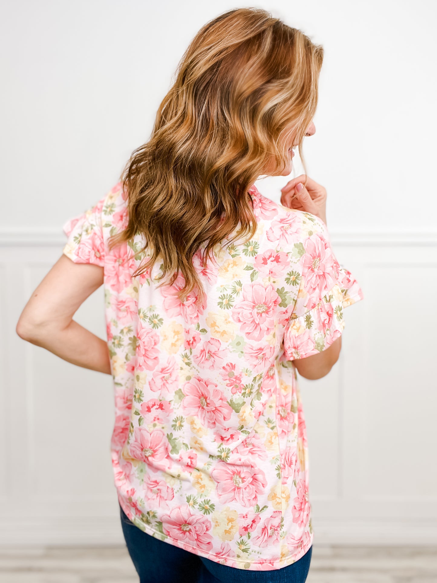 Floral Blossom Jersey Shirred V-Neck Ruffled Top