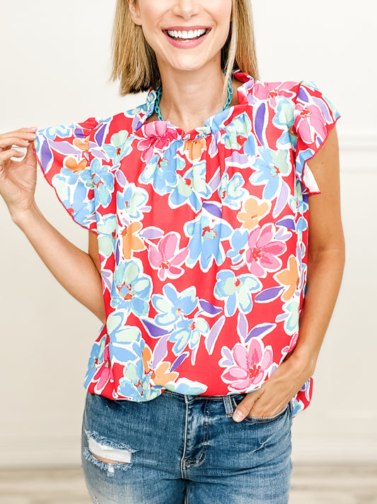 FLORAL PRINTED WOVEN RUFFLED TOP