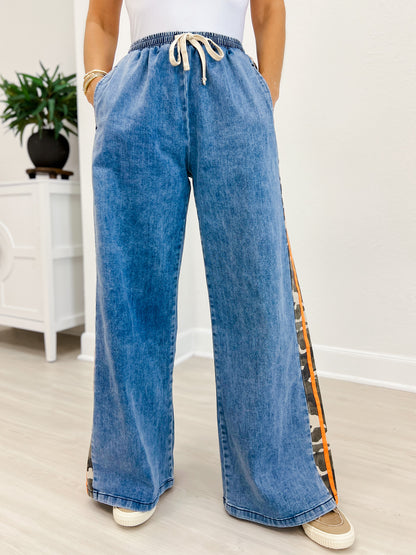 Camo Side Stripe Wide Leg Denim Pants