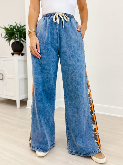 Camo Side Stripe Wide Leg Denim Pants