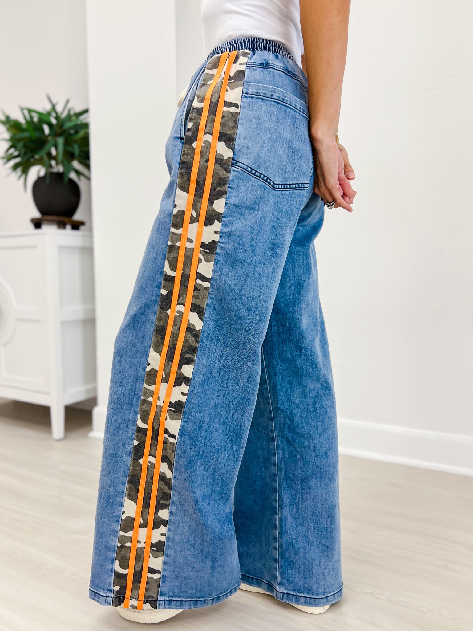 Camo Side Stripe Wide Leg Denim Pants