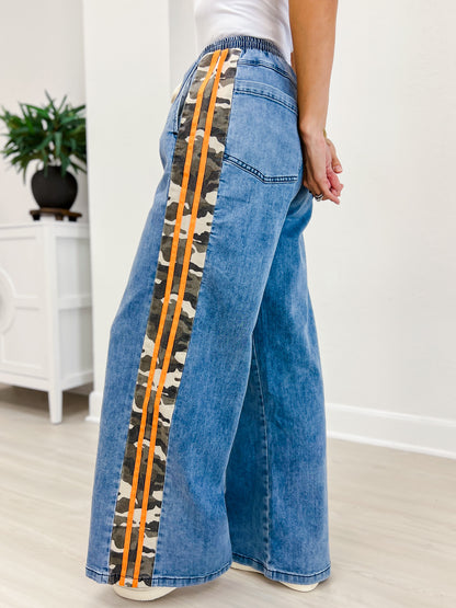 Camo Side Stripe Wide Leg Denim Pants