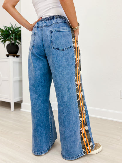 Camo Side Stripe Wide Leg Denim Pants