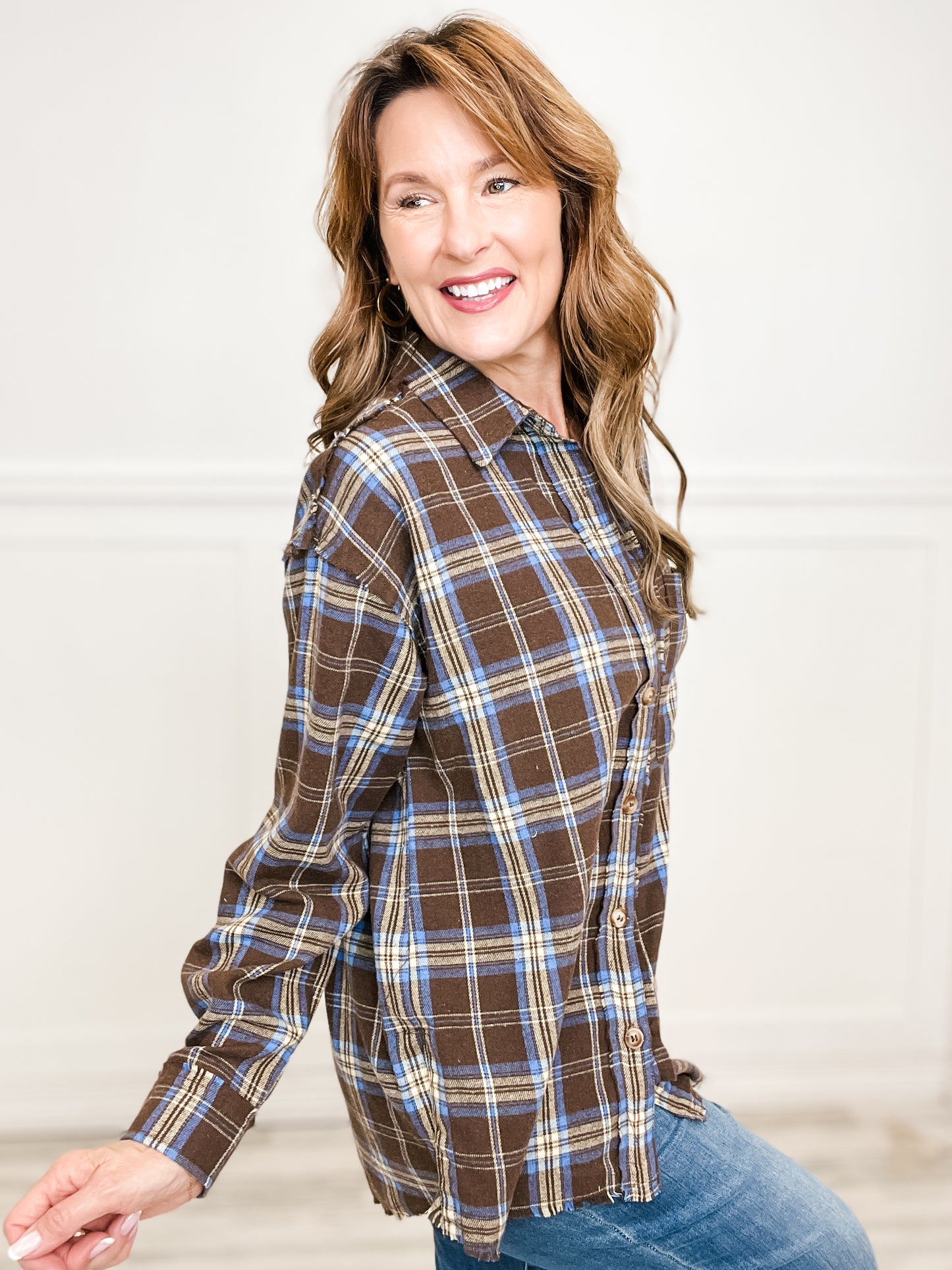 Long Sleeve Button Down Collared Plaid Top