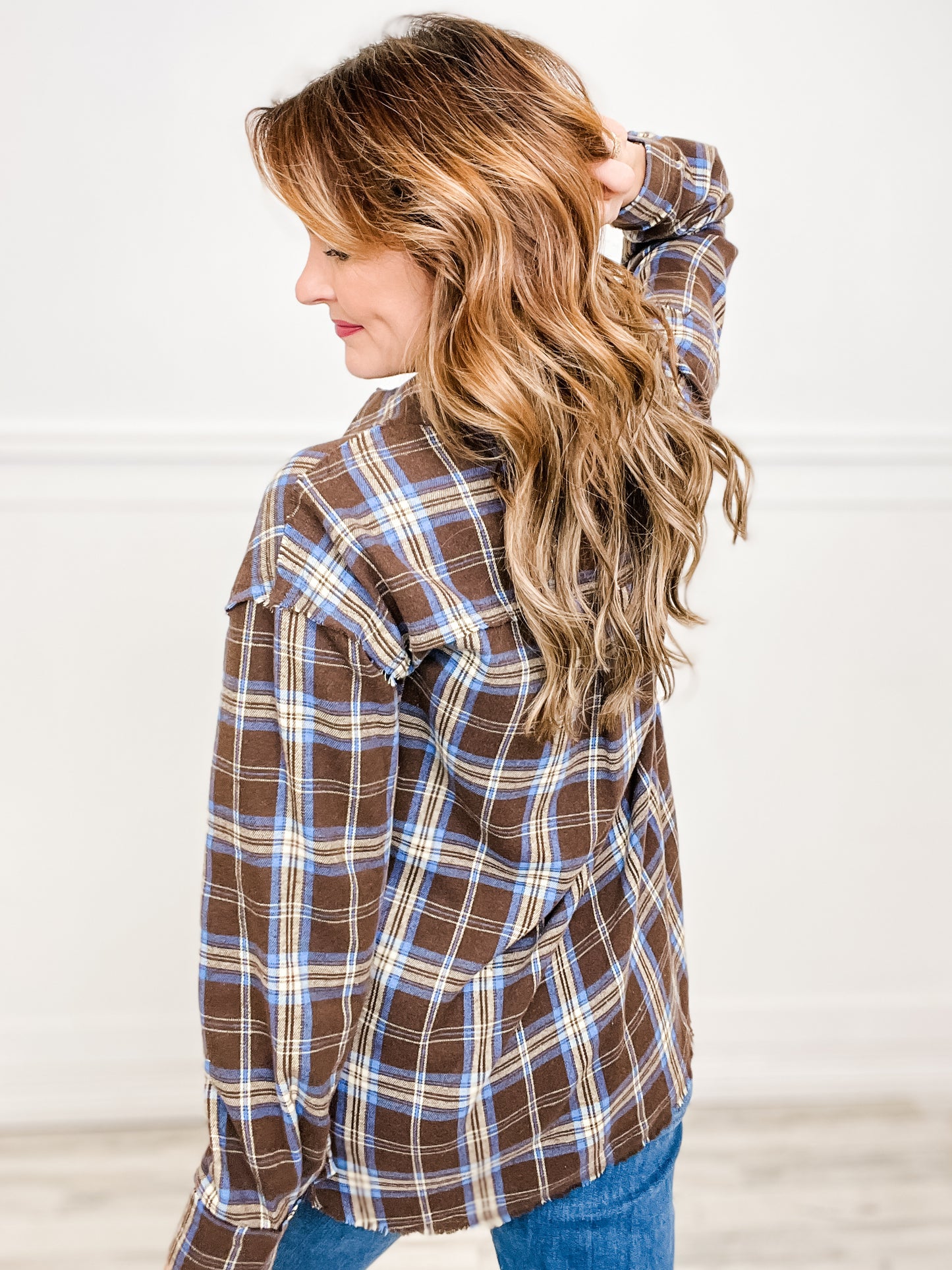 Long Sleeve Button Down Collared Plaid Top