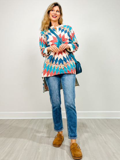 Quiltwork Vintage Inspired High-low Tunic Top