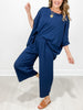 Solid Jacquard Loose Fit Top with Wide Leg Pants Set in Navy