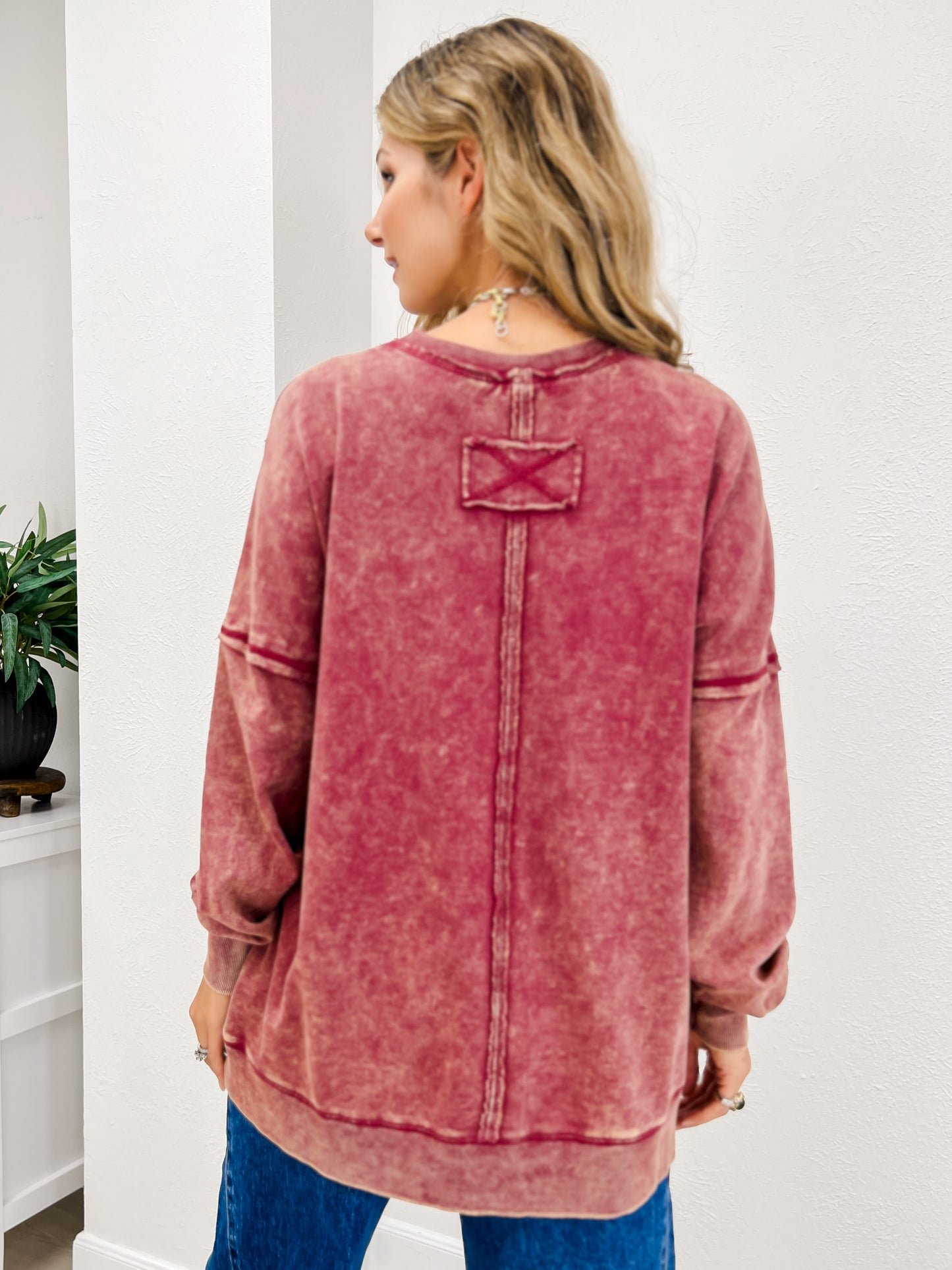 FRENCH TERRY ACID WASH RAW EDGE PULLOVER WITH POCKETS-A