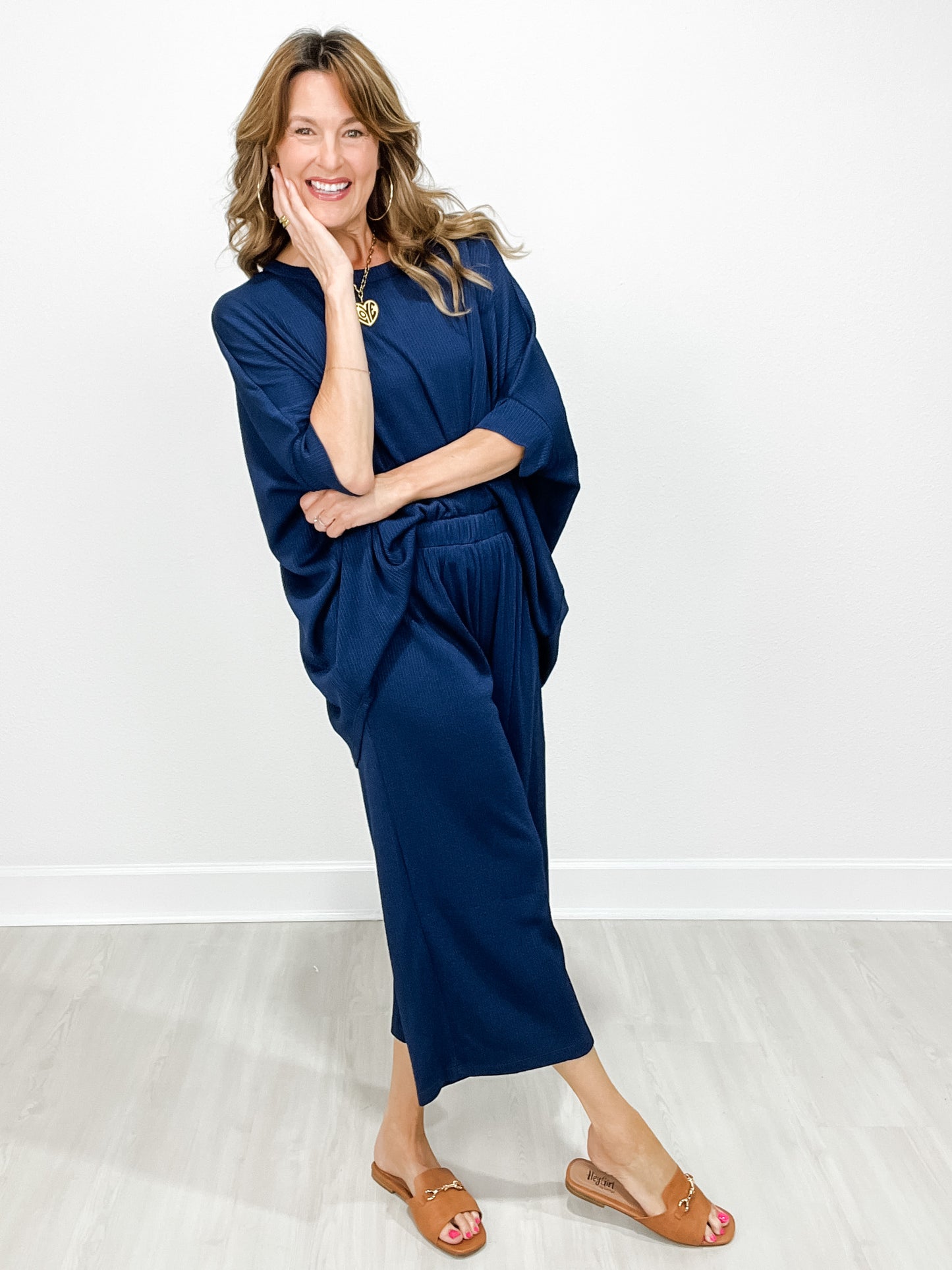 Solid Jacquard Loose Fit Top with Wide Leg Pants Set in Navy