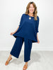 Solid Jacquard Loose Fit Top with Wide Leg Pants Set in Navy